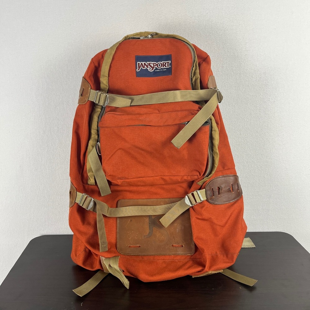 Vintage JanSport Backpack Made in USA‎ Burnt Orange Leather Lash Tabs Hiking Bag